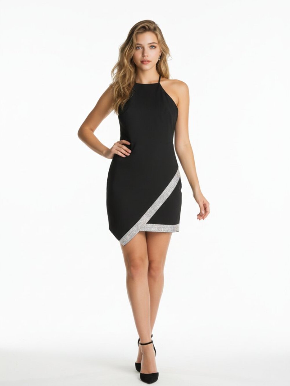 black mini dress with cross rhinestones bottom all oround